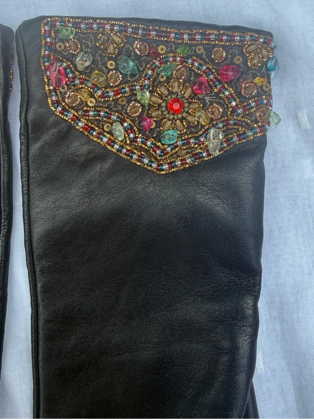 Vintage Beaded Cuff Genuine Leather Gloves Dark Brown Statement Accessories M